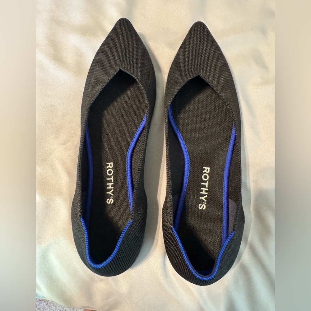 Rothy’s Black Pointed Toe Flats Size 11 (W11) Blue Trim Knit Shoes